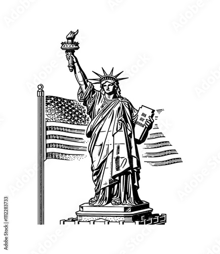 statue liberty engraving black and white outline