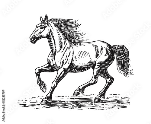 horse running prancing engraving black and white outline