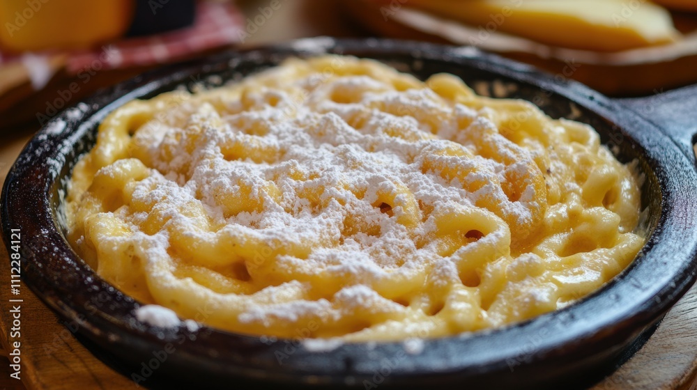 Creamy Pasta Dish with Cheese Topping Served in Cast Iron Skillet on Wooden Table, Garnished with Powdered Sugar and Surrounded by Ingredients Creamy Pasta Dish with Cheese Topping Served in Cast Iron Skillet on Wooden Table, Garnished with Powdered Sugar and Surrounded by Ingredients