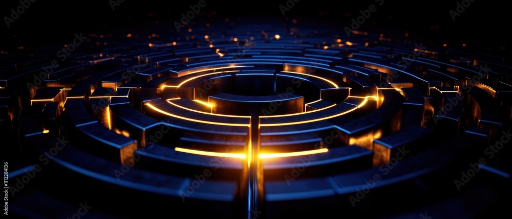 A futuristic maze design illuminated with glowing blue and orange lights, creating a mesmerizing visual effect. A futuristic maze design illuminated with glowing blue and orange lights, creating a mesmerizing visual effect.