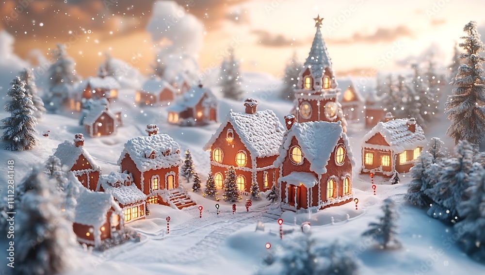 Fototapeta premium Charming Small Village Blanketed in Soft Snow.