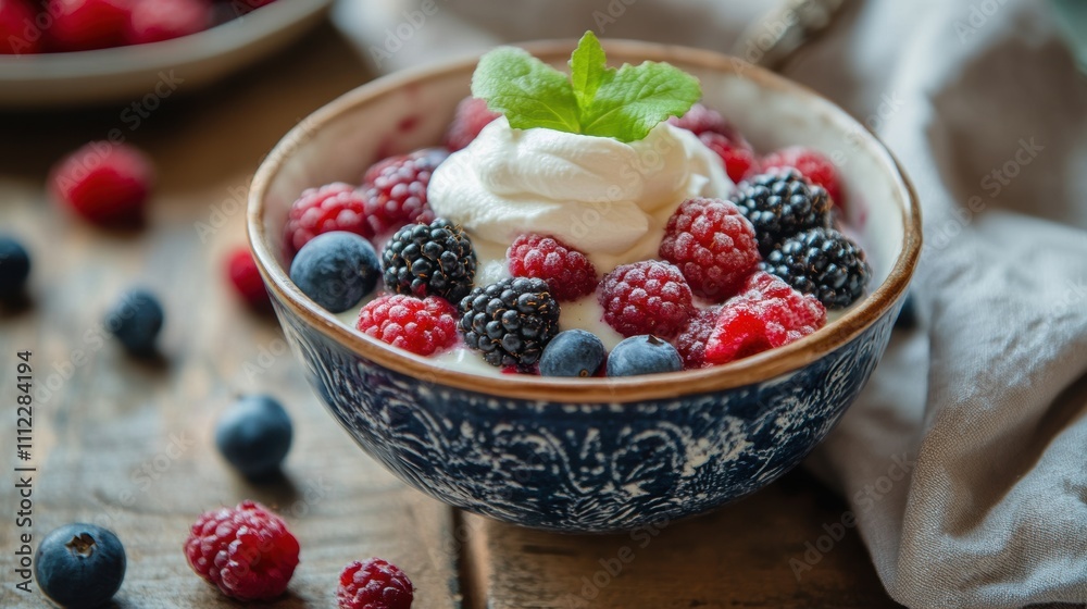 Fresh Berries and Cream in Decorative Bowl on Wooden Table Surrounded by Soft Linen and Additional Berries for a Delicious and Healthy Dessert Experience Fresh Berries and Cream in Decorative Bowl on Wooden Table Surrounded by Soft Linen and Additional Berries for a Delicious and Healthy Dessert Experience