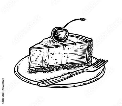 cheesecake cherry engraving black and white outline