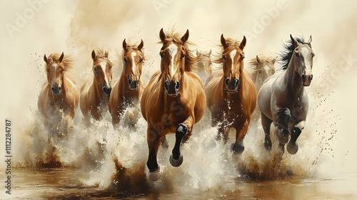 Wild Horses Galloping Through Water, Majestic Herd Running Free in Nature's Splendor