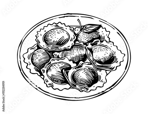 ravioli engraving black and white outline