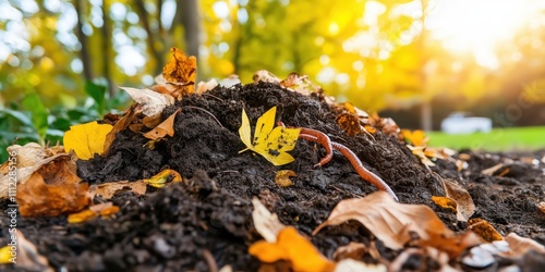 A close-up of a compost pile with fresh coffee grounds sprinkled amidst organic scraps like vegetable peels and dried leaves,  photo