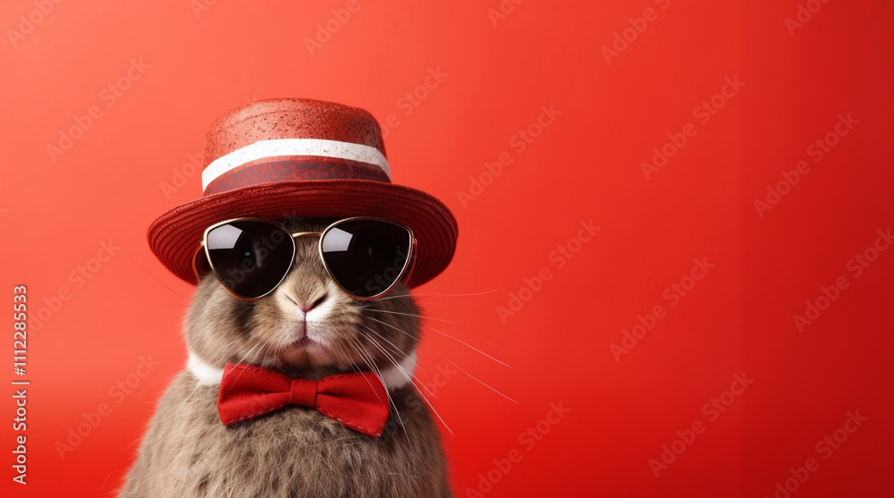 Happy Easter. Cute bunny wearing sunglasses and a red hat, sitting among colorful Easter eggs on a bright red background. Fun and festive Easter theme