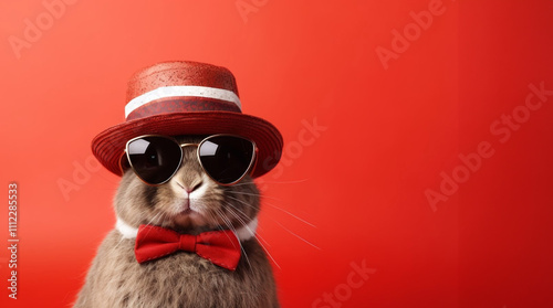 Obraz na płótnie Happy Easter. Cute bunny wearing sunglasses and a red hat, sitting among colorful Easter eggs on a bright red background. Fun and festive Easter theme w salonie