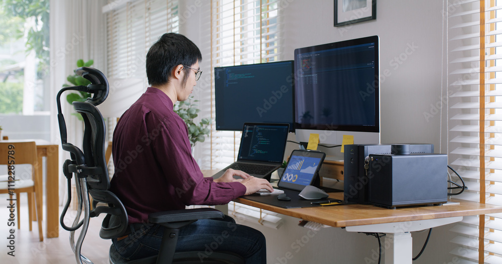 Digital transformation future workforce web DEV career development. Asia people young talent man busy work at home office reskill upskill martech job remote test on AI cloud computing cyber security. Digital transformation future workforce web DEV career development. Asia people young talent man busy work at home office reskill upskill martech job remote test on AI cloud computing cyber security.
