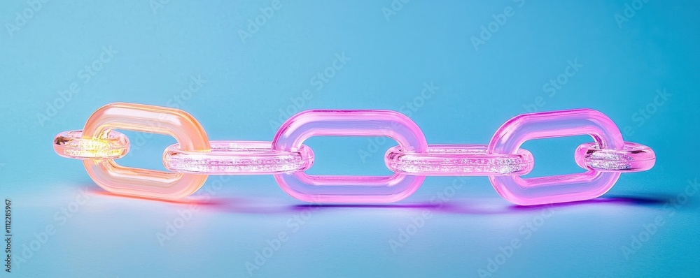 A colorful, translucent chain made of linked segments in shades of pink and orange, set against a blue background. A colorful, translucent chain made of linked segments in shades of pink and orange, set against a blue background.