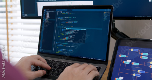 Obraz w ramie DEV desktop PC screen in AI code in IT developer skill job career typing RPA robotic text line on web page. Project Reskill Upskill HTML write python big data smart server system design cyber support.