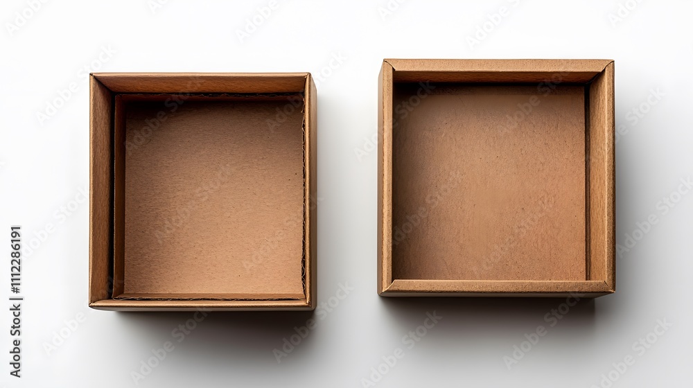Fototapeta premium A brown corrugated cardboard box photographed from above, showing&nbsp;clean interior and minimal packaging details with soft shadows in&nbsp;professional studio lighting.