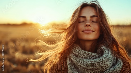 A young woman in a cozy sweater and scarf, with eyes closed and hair flowing in the wind, standing in a field at sunset, embodying peace and introspection.