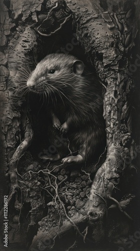 Curious gray rodent peeking out from a hidden hole in the textured bark of a tree trunk in a dark moody woodland environment  The animal s eyes whiskers photo