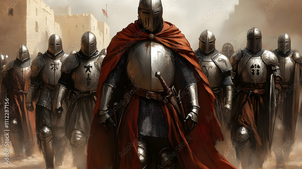 Medieval Knights March Towards Battle, Clad in Armor Medieval Knights March Towards Battle, Clad in Armor