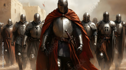 Medieval Knights March Towards Battle, Clad in Armor