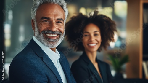 Portrait of success business colleagues working, smiling together in office.