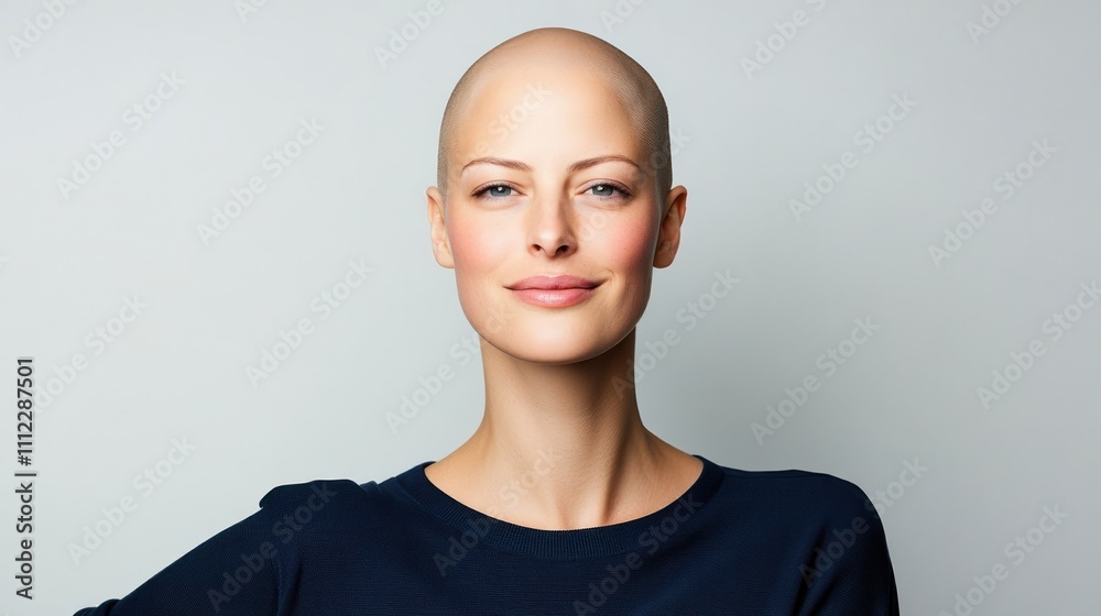 Confident bald woman smiling wearing a navy blue top. Confident bald woman smiling wearing a navy blue top.