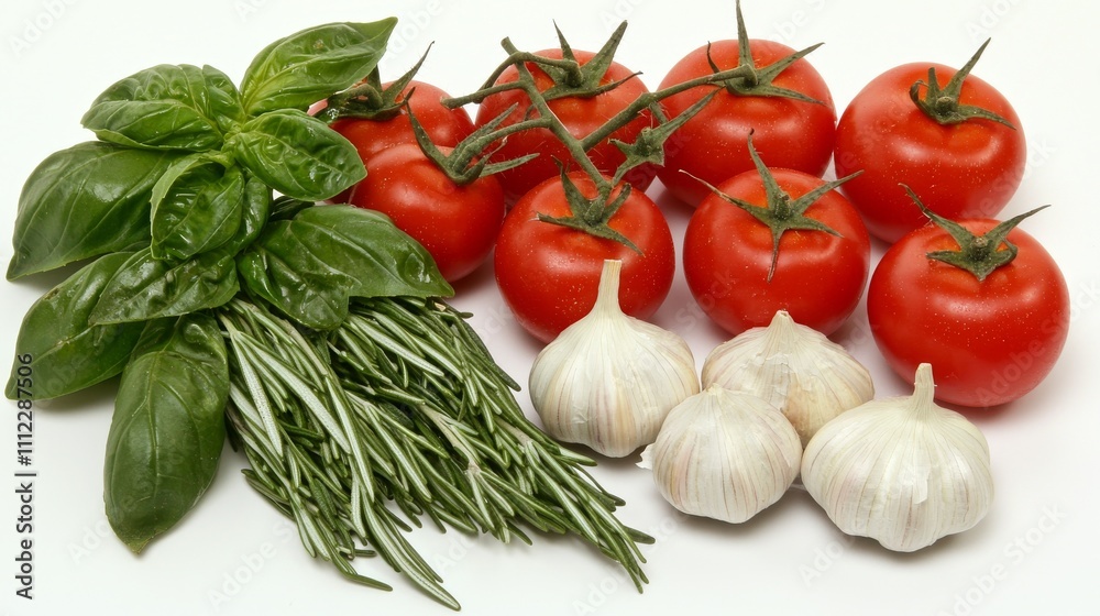 On a white surface, an assortment of fresh vegetables and herbs is arranged from a top-down perspective. On a white surface, an assortment of fresh vegetables and herbs is arranged from a top-down perspective.
