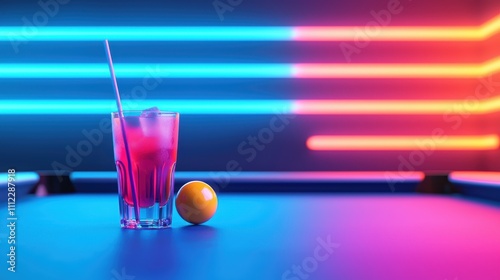 A vibrant cocktail sits beside a bright yellow ball, illuminated by colorful neon lights in a dynamic bar environment.