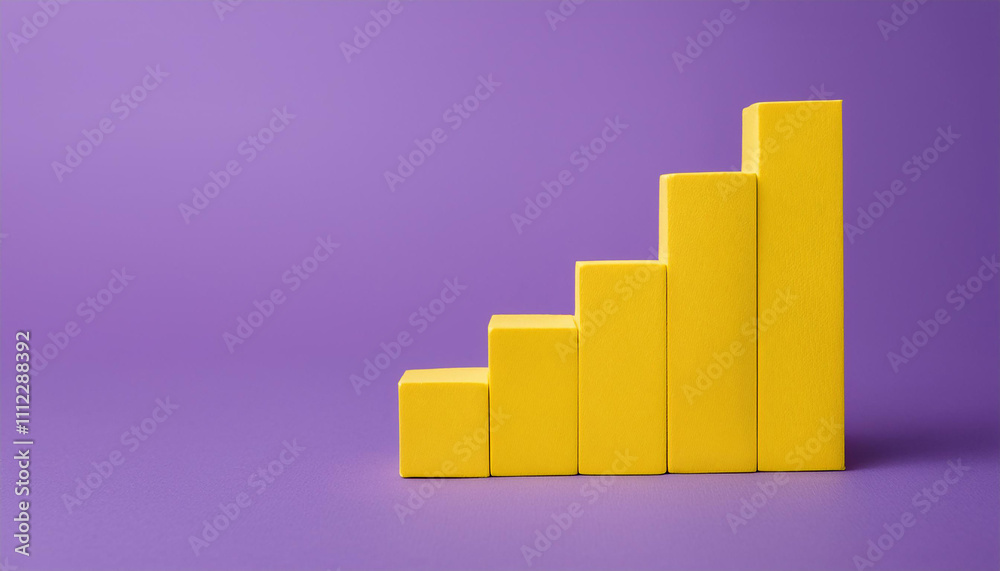 Fototapeta premium Yellow 3D bar graph isolated on purple background. Growing business, success and improvement.