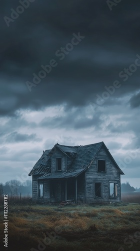 Abandoned wooden house under dark stormy sky in desolate field