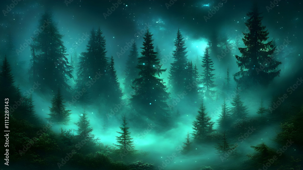 Enchanted Forest: Night's Mystical Glow, Stars Shimmering Above Enchanted Forest: Night's Mystical Glow, Stars Shimmering Above