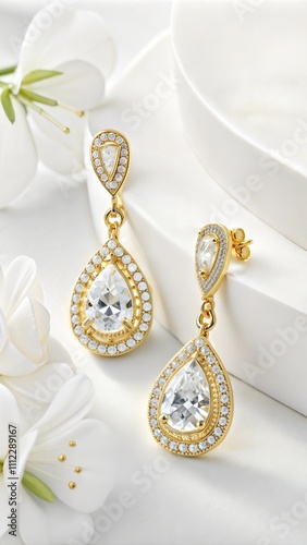 Yellow Gold Diamond Earrings Isolated on White Background photo