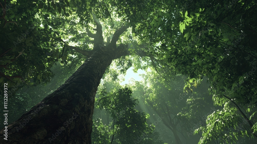 Fototapeta premium Majestic View of Sunlight Filtering Through a Dense Canopy in a Lush Tropical Forest with Vibrant Green Leaves and Ancient Trees in a Serene Environment