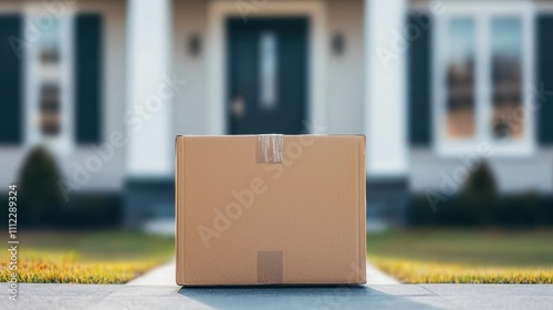 Wallpaper Mural A cardboard box sits on a pathway in front of a modern house, suggesting a delivery or package arrival. Torontodigital.ca