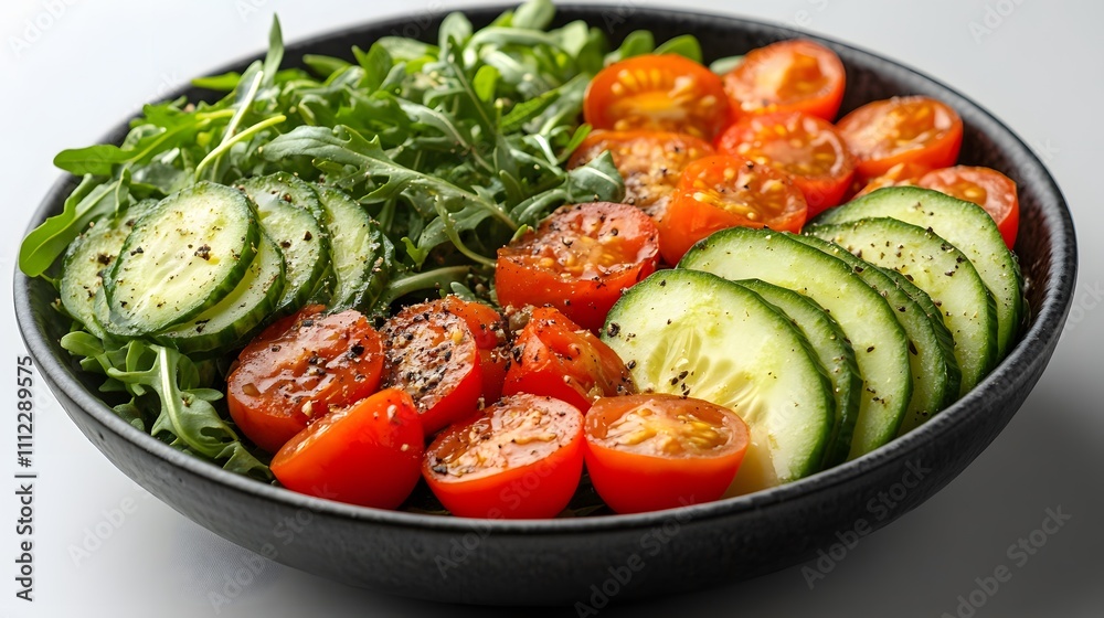A fresh garden salad arranged in black ceramic bowl features cherry tomatoes, avocado, arugula, and cucumber, styled with vibrant colors and clean composition. A fresh garden salad arranged in black ceramic bowl features cherry tomatoes, avocado, arugula, and cucumber, styled with vibrant colors and clean composition.