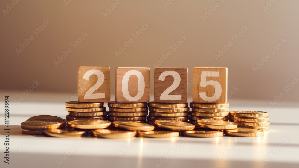 Stacked Coins and Blocks Showing Year 2025 in Financial Investment Concept Stacked Coins and Blocks Showing Year 2025 in Financial Investment Concept