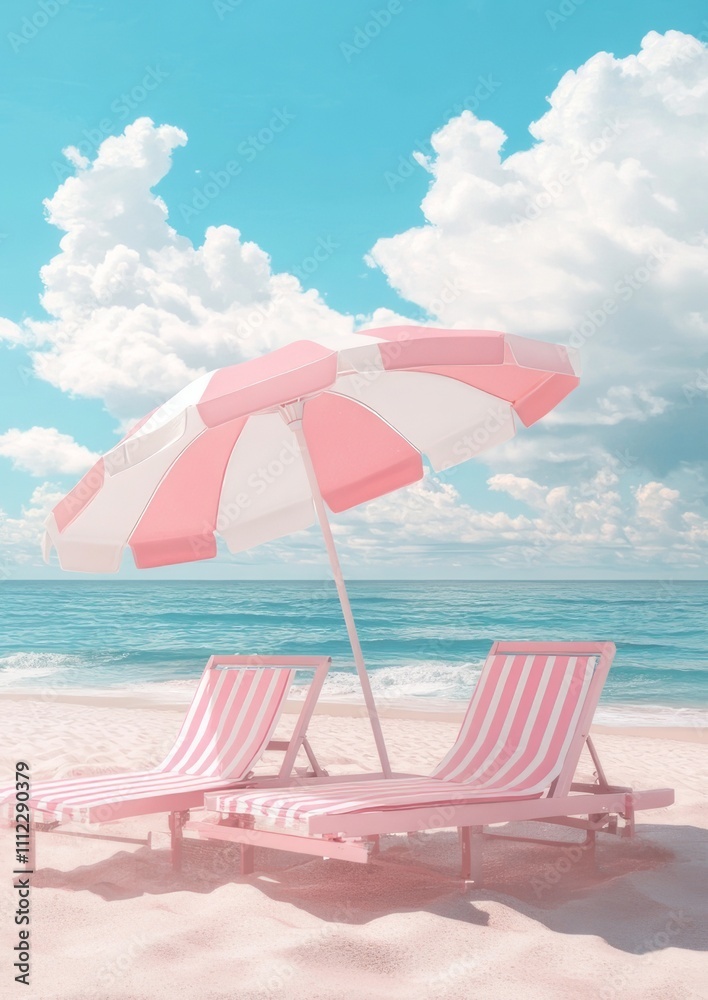Pink and white striped beach umbrella with chairs, sandy background, distant beach, clear blue sky, and vibrant stripes. Pink and white striped beach umbrella with chairs, sandy background, distant beach, clear blue sky, and vibrant stripes.