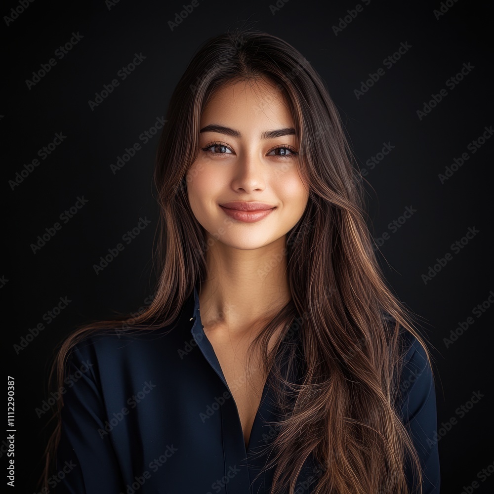 Beautiful young woman with long hair smiles warmly against a dark background, showcasing confidence and elegance in a simple yet striking portrait photo. Beautiful young woman with long hair smiles warmly against a dark background, showcasing confidence and elegance in a simple yet striking portrait photo.