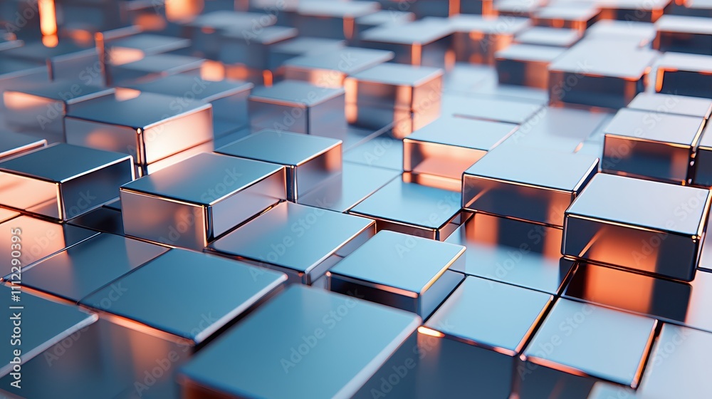 Fototapeta premium Abstract Metallic Blocks with Reflections and Warm Lighting in a 3D Space