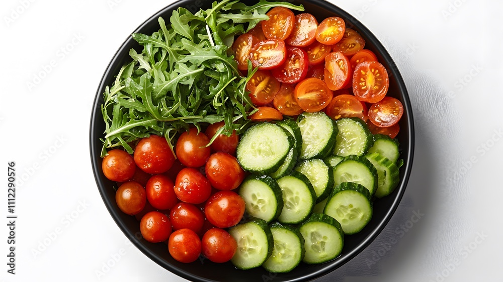 A fresh garden salad arranged in black ceramic bowl features cherry tomatoes, avocado, arugula, and cucumber, styled with vibrant colors and clean composition. A fresh garden salad arranged in black ceramic bowl features cherry tomatoes, avocado, arugula, and cucumber, styled with vibrant colors and clean composition.