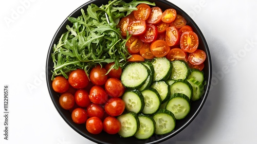 A fresh garden salad arranged in black ceramic bowl features cherry tomatoes, avocado, arugula, and cucumber, styled with vibrant colors and clean composition.