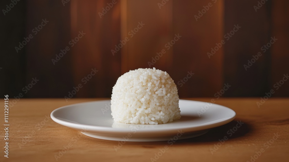 A simple, round mound of white rice sits on a plate against a wooden background, highlighting its texture and minimalistic presentation. A simple, round mound of white rice sits on a plate against a wooden background, highlighting its texture and minimalistic presentation.