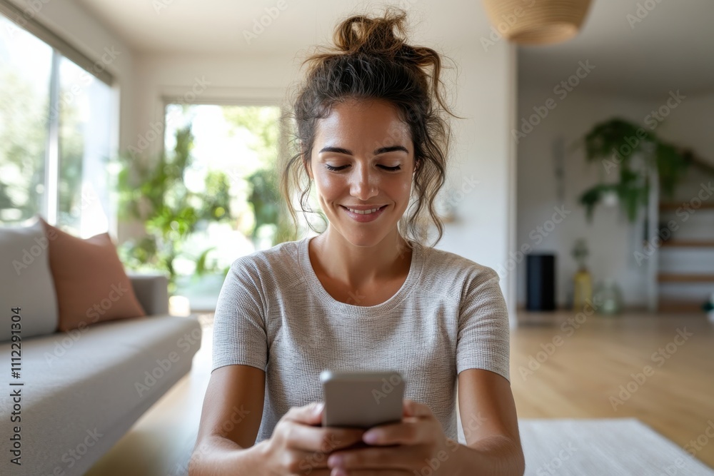 A woman is happily using her smartphone while sitting comfortably in a modern living space, illustrating the blend of technology and daily life in a cozy environment. A woman is happily using her smartphone while sitting comfortably in a modern living space, illustrating the blend of technology and daily life in a cozy environment.