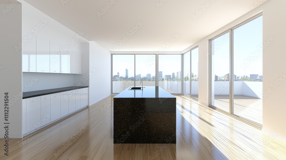 Bright Modern Kitchen Interior with Open Space and Scenic City View Bright Modern Kitchen Interior with Open Space and Scenic City View