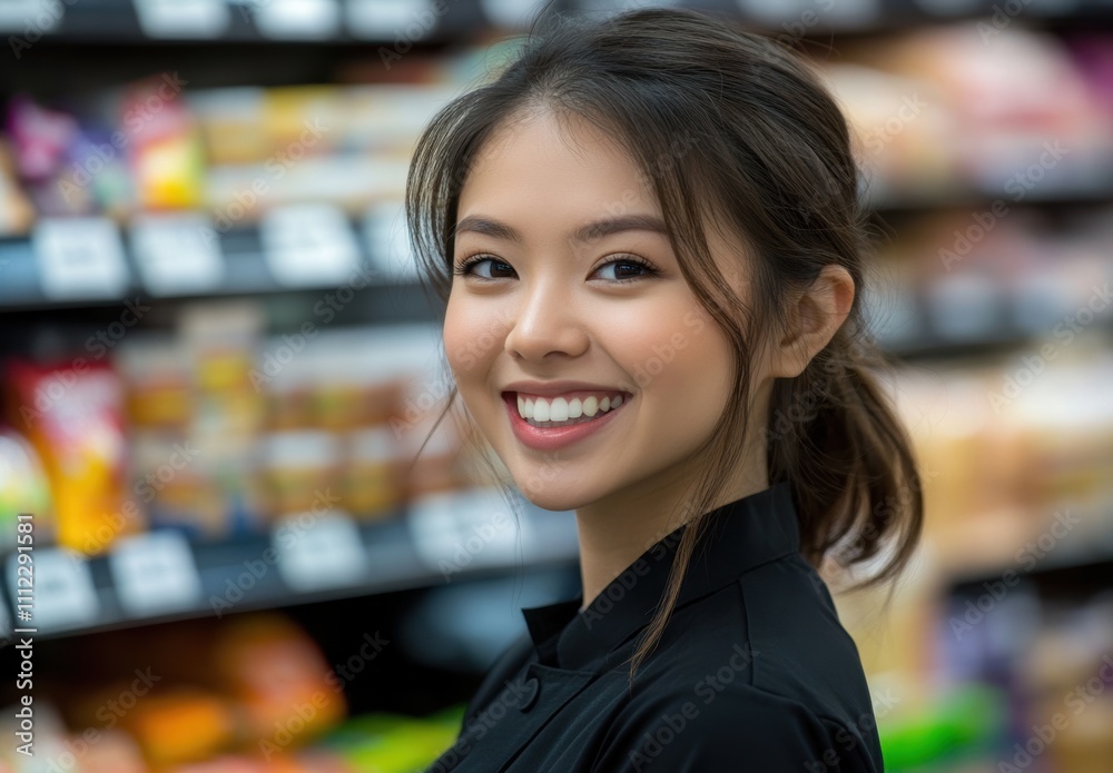 Charming young woman smiling and standing in a grocery store aisle surrounded by colorful products and snacks, showcasing a friendly and approachable personality. Charming young woman smiling and standing in a grocery store aisle surrounded by colorful products and snacks, showcasing a friendly and approachable personality.