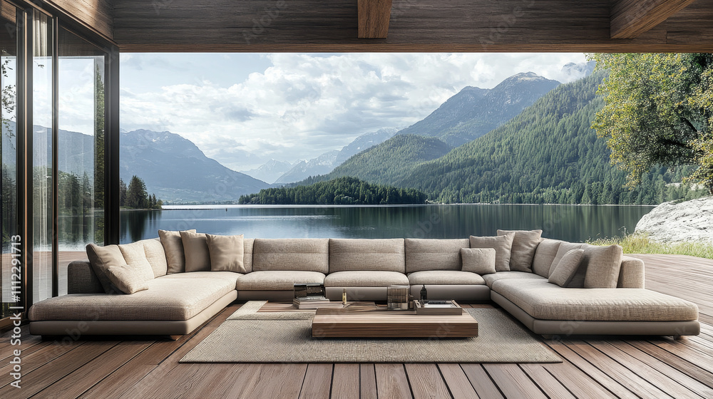 Fototapeta premium A 3D rendering of a luxurious and spacious living room featuring a modern minimalist design. The focal point is a sleek, contemporary sofa placed on a warm wooden floor, inviting relaxation and comfor