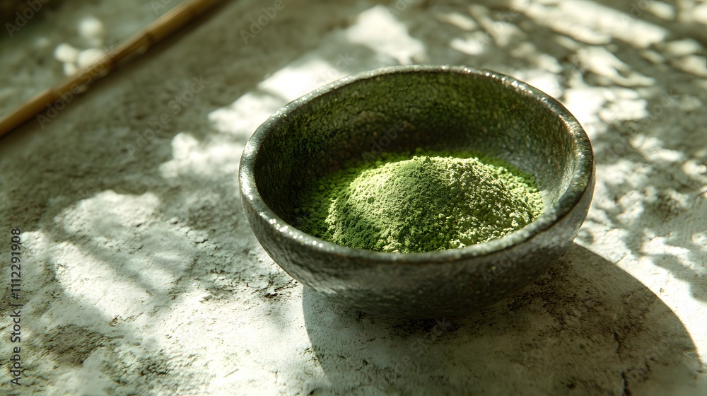 Matcha green tea powder displayed in rustic ceramic bowl with bamboo whisk on white marble surface, featuring moody lighting and Japanese tea ceremony elements. Matcha green tea powder displayed in rustic ceramic bowl with bamboo whisk on white marble surface, featuring moody lighting and Japanese tea ceremony elements.