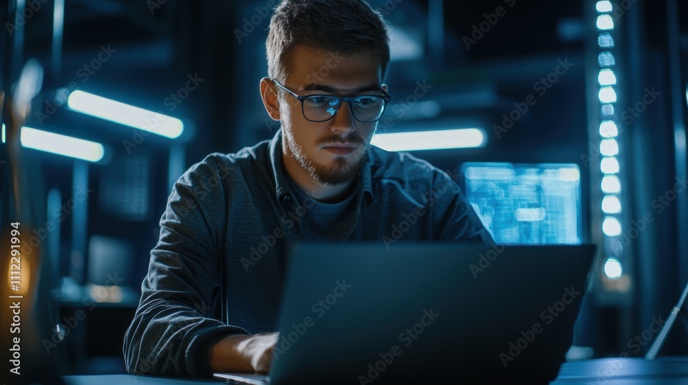 Young Man with Glasses Working Late at Night on Laptop in Modern Office Environment Surrounded by Technology and Digital Data Visualizations Young Man with Glasses Working Late at Night on Laptop in Modern Office Environment Surrounded by Technology and Digital Data Visualizations