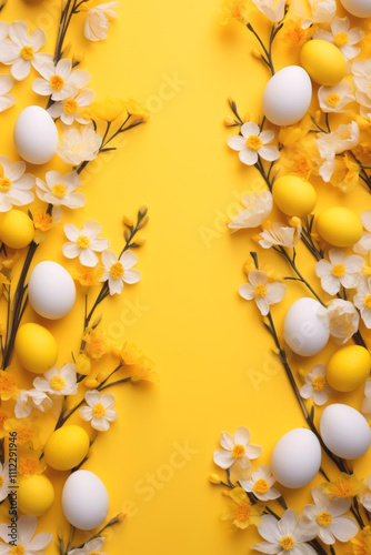 Easter background with eggs, bunnies and flowers Generative AI