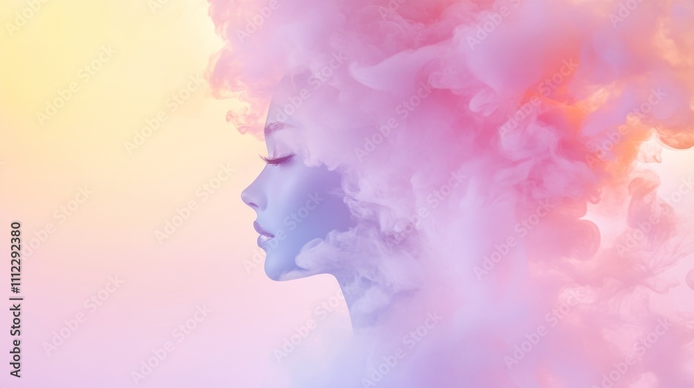 Profile in pastel pink shades merging into cloud form.