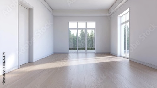 A spacious, bright room with large windows, light wooden floors, and white walls, offering a serene view of greenery outside.