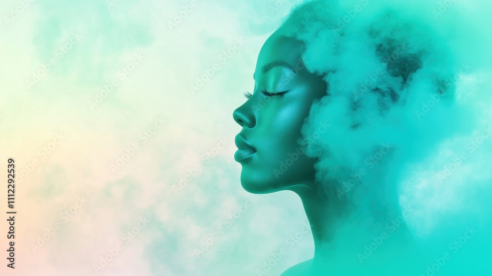 Serene profile encased in aqua-blue swirling mist. Serene profile encased in aqua-blue swirling mist.