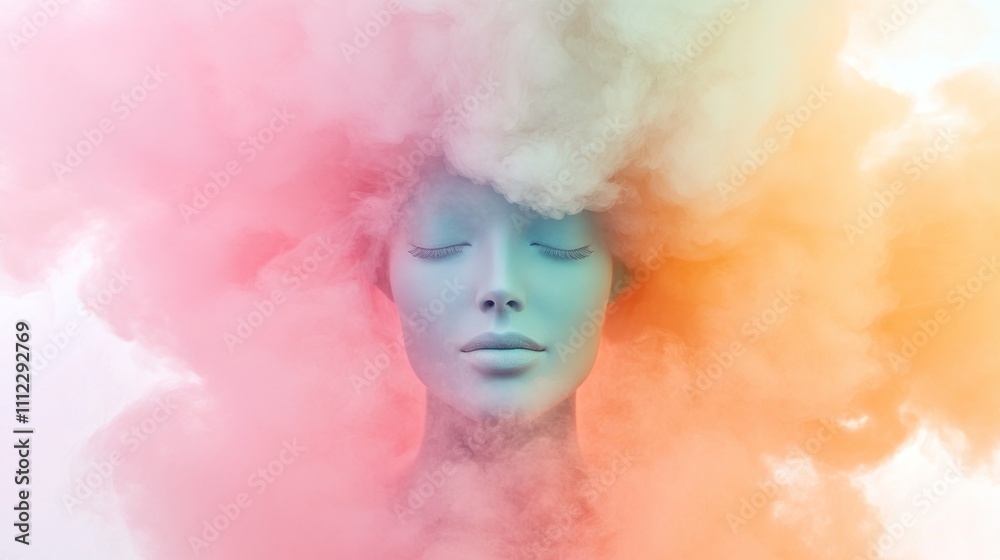 Naklejka premium Pastel portrait in clouds of pink, orange, and blue