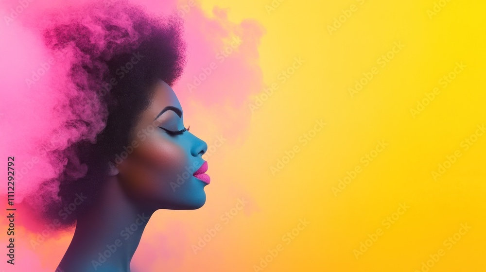 Profile with colorful smoke against yellow backdrop Profile with colorful smoke against yellow backdrop